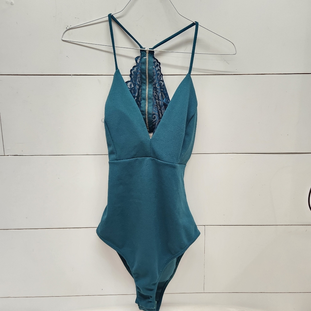 Body Suit Emerald/deep teal green with lace